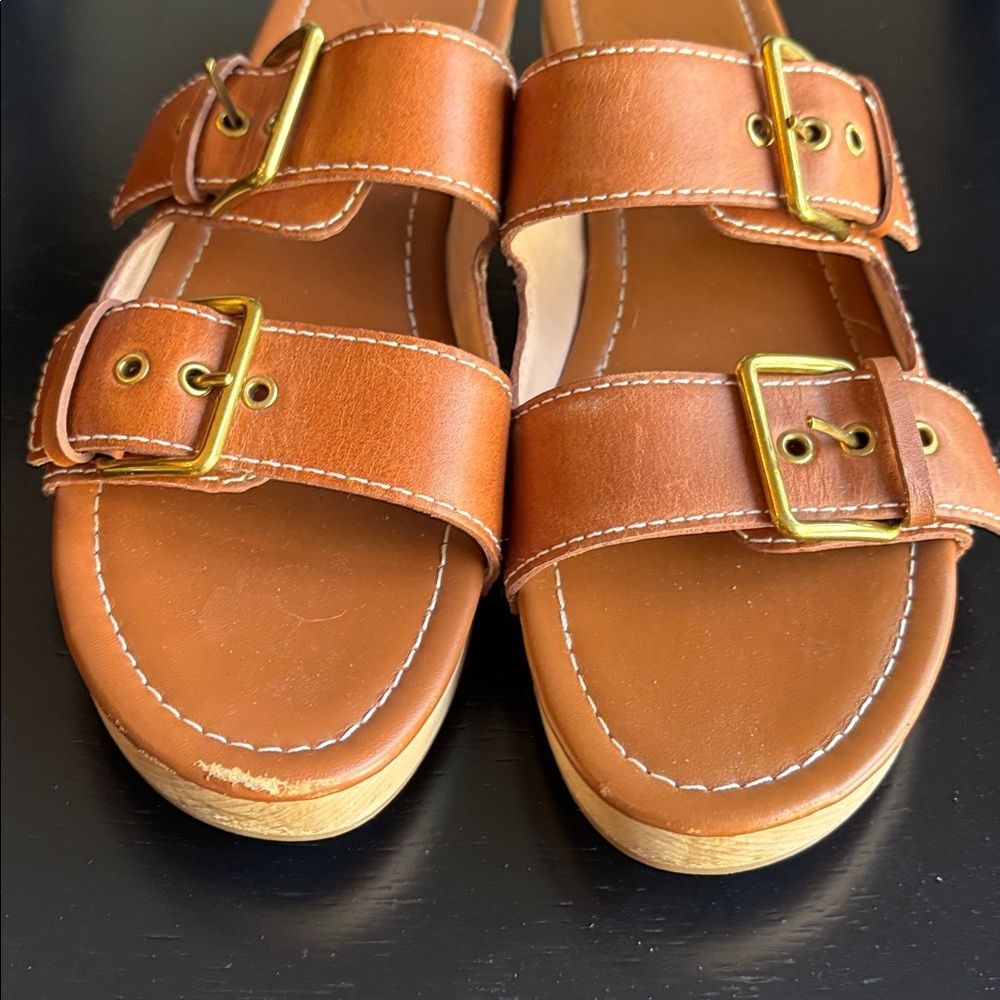 J. Crew platform buckle leather Stylish Tan brown Women clog Sandals sz 7.5 GUC! - Picture 6 of 12